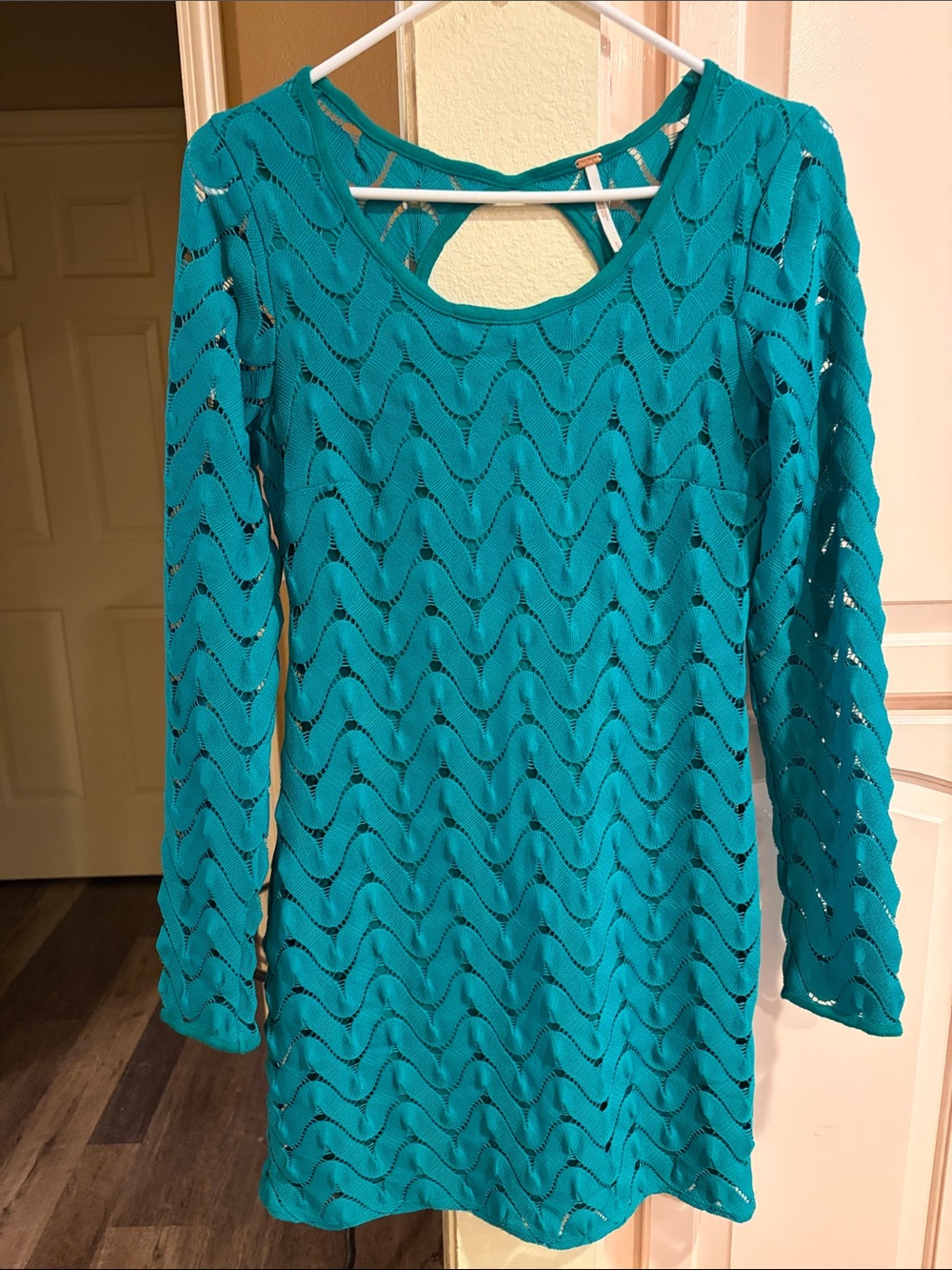 Free People Teal, wild thing crocheted mini dress NWOT